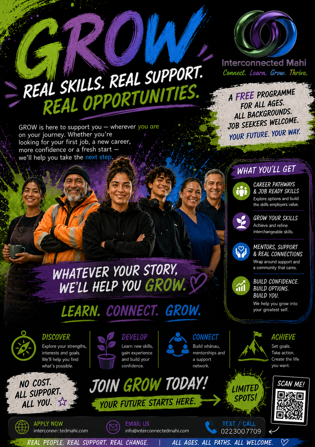 GROW programme poster — real skills, real support, real opportunities. A free programme for all ages, all backgrounds, job seekers welcome.